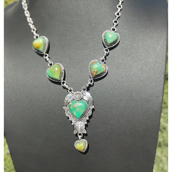 Heart Butterfly Green Matrix Turquoise Sterling Silver Lariat Dangle Necklace - Picture 1 of 9